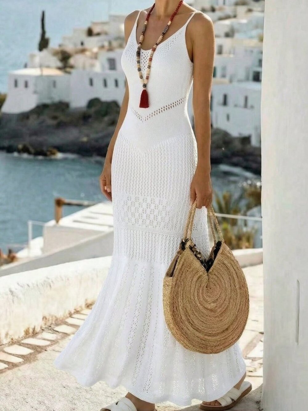 White Casual Women's Knit Hollow Cami Style Dress